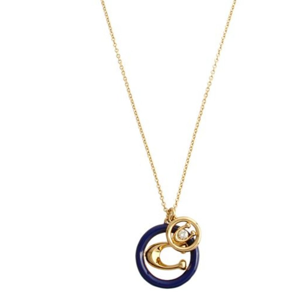 Coach Goldtone SIGNATURE C Blue Enamel Swarovski Crystal Double C Necklace